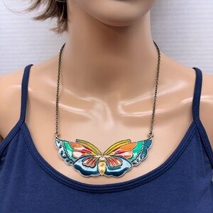Vibrant Multicolour Enamel Butterfly Pendant Necklace